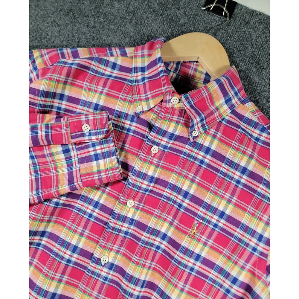 Ralph Lauren Button Up Shirt Mens Medium Red Blue Plaid Classic Fit Preppy Pony